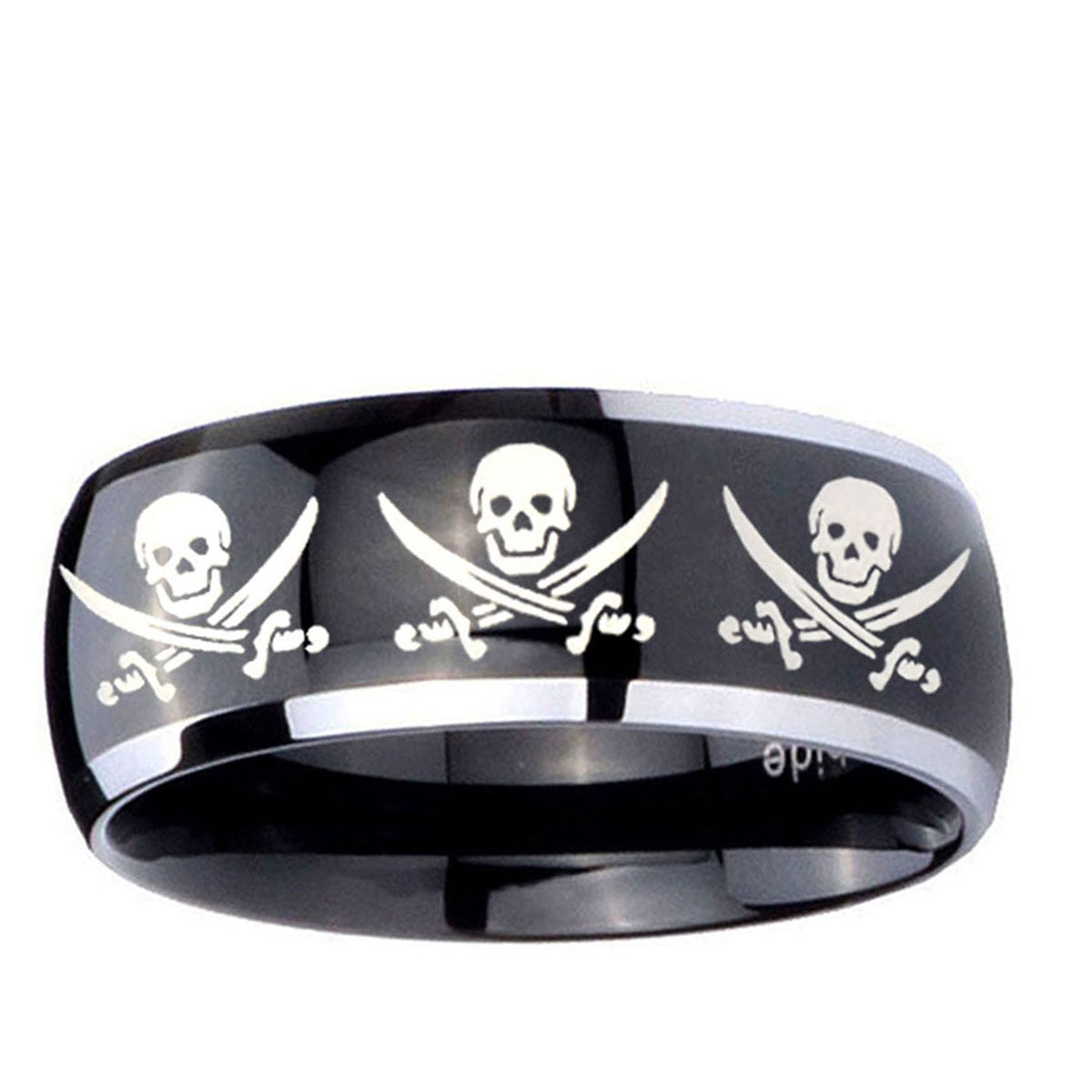 10mm Multiple Skull Pirate Dome Glossy Black 2 Tone Tungsten Mens Promise Ring