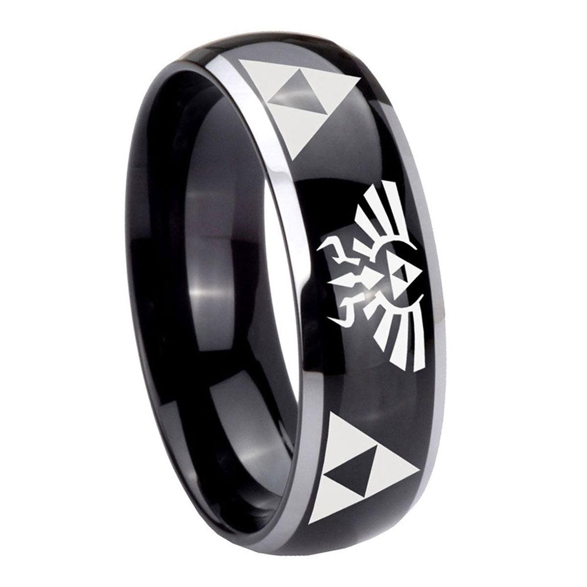 10mm Legend of Zelda Dome Glossy Black 2 Tone Tungsten Mens Ring Engraved