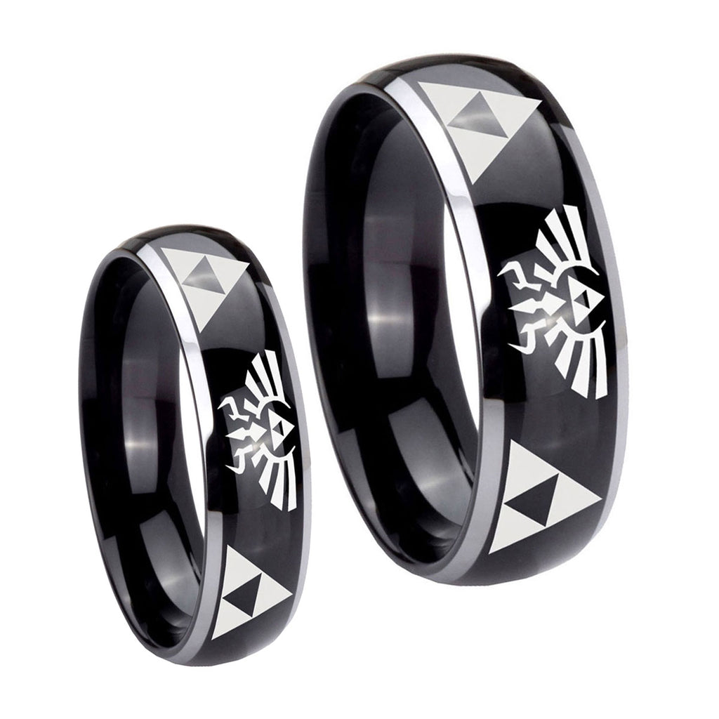 Legend of Zelda Dome Glossy Black 2 Tone Tungsten Mens Ring Set