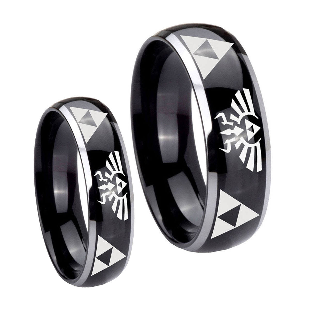 Legend of Zelda Dome Glossy Black 2 Tone Tungsten Mens Ring Set