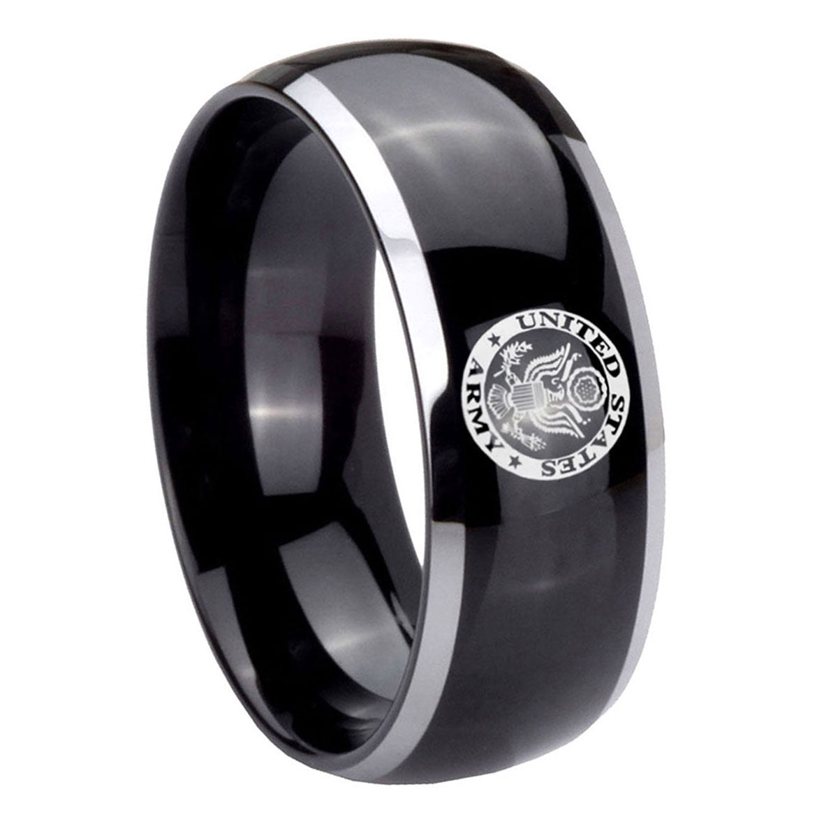 10mm U.S. Army Dome Glossy Black 2 Tone Tungsten Carbide Engraved Ring