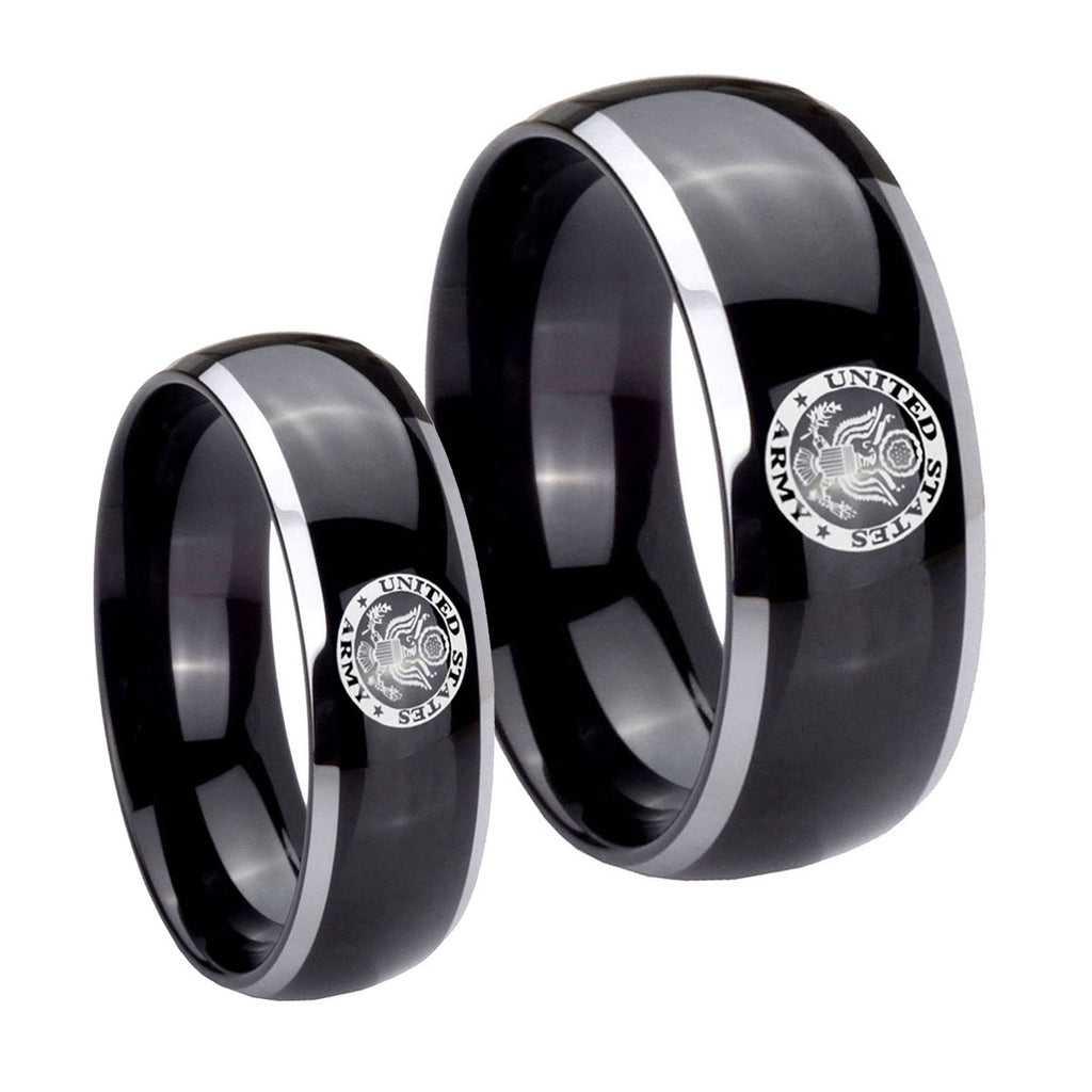 U.S. Army Dome Glossy Black 2 Tone Tungsten Wedding Band Set