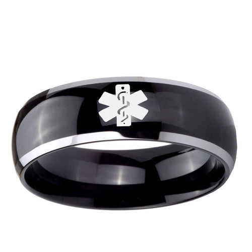 10mm Medical Alert Dome Glossy Black 2 Tone Tungsten Ring