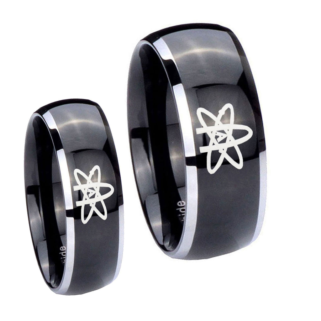 American Atheist Dome Glossy Black 2 Tone Tungsten Wedding Set Rings