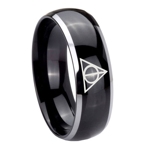 8mm Deathly Hallows Dome Glossy Black 2 Tone Tungsten Ring