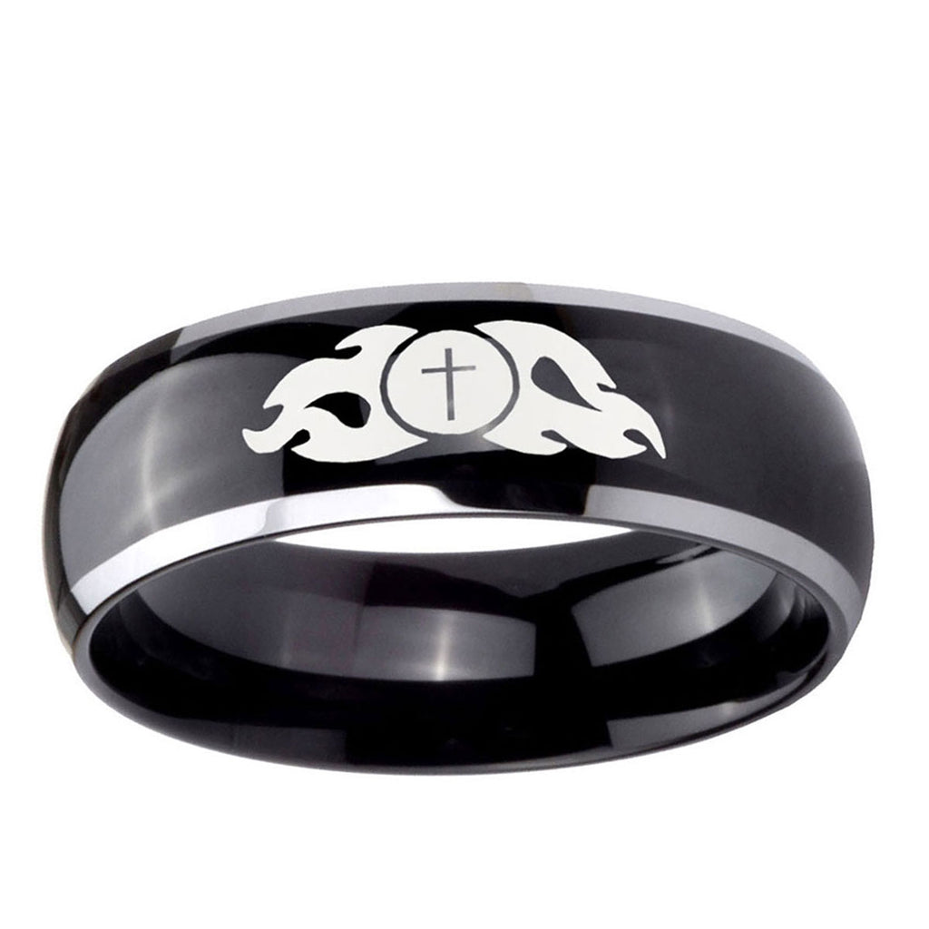 5mm Flamed Cross Dome Glossy Black 2 Tone Tungsten Ring