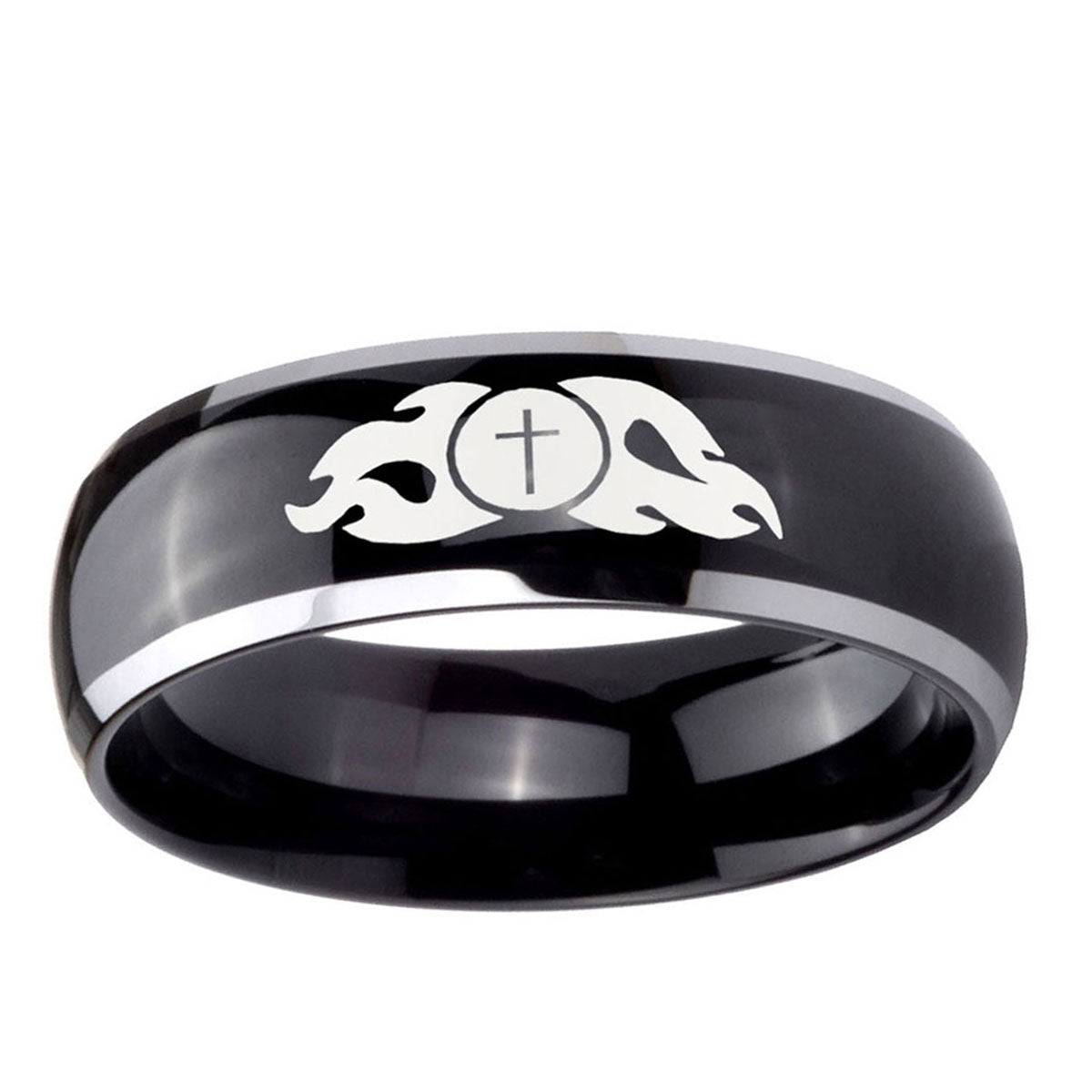 5mm Flamed Cross Dome Glossy Black 2 Tone Tungsten Ring