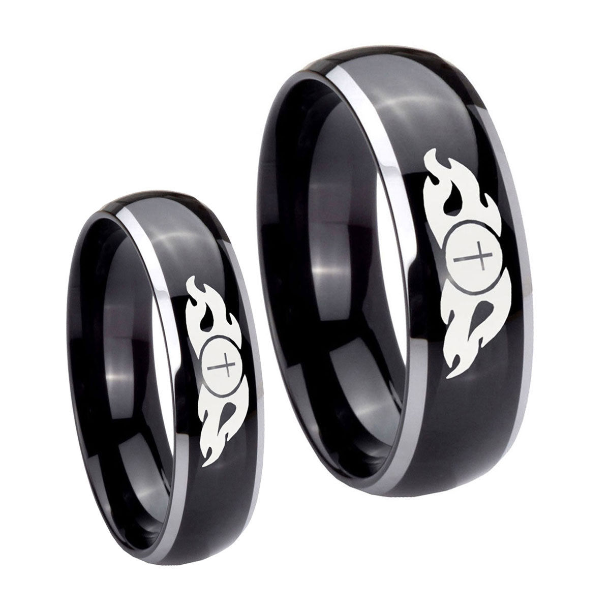 Flamed Cross Dome Glossy Black 2 Tone Tungsten Wedding Ring Sets