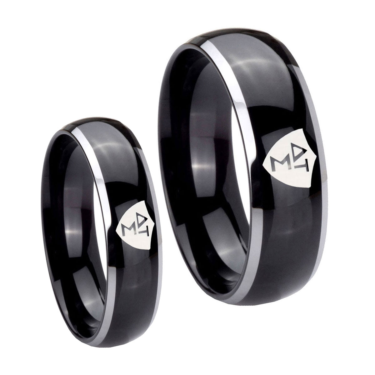 Greek CTR Dome Glossy Black 2 Tone Tungsten Couple Wedding Rings