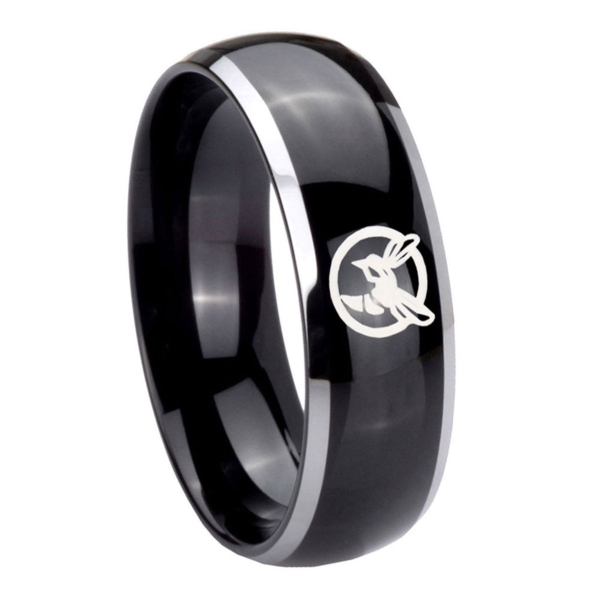 8mm Honey Bee Dome Glossy Black 2 Tone Tungsten Mens Ring
