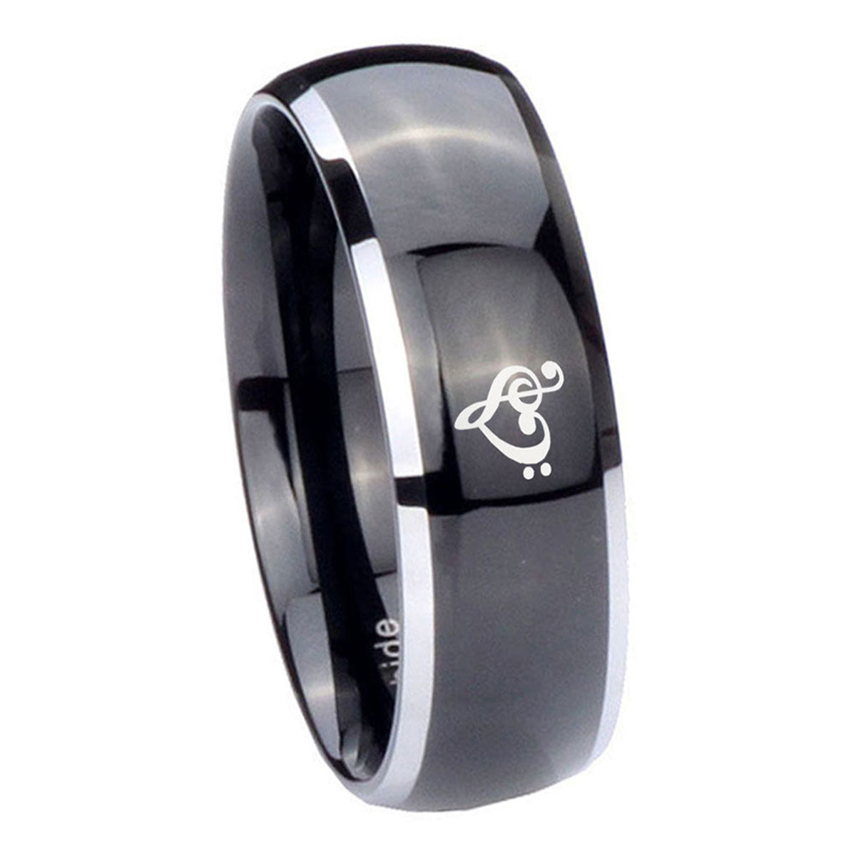 8mm Music & Heart Dome Glossy Black 2 Tone Tungsten Bands