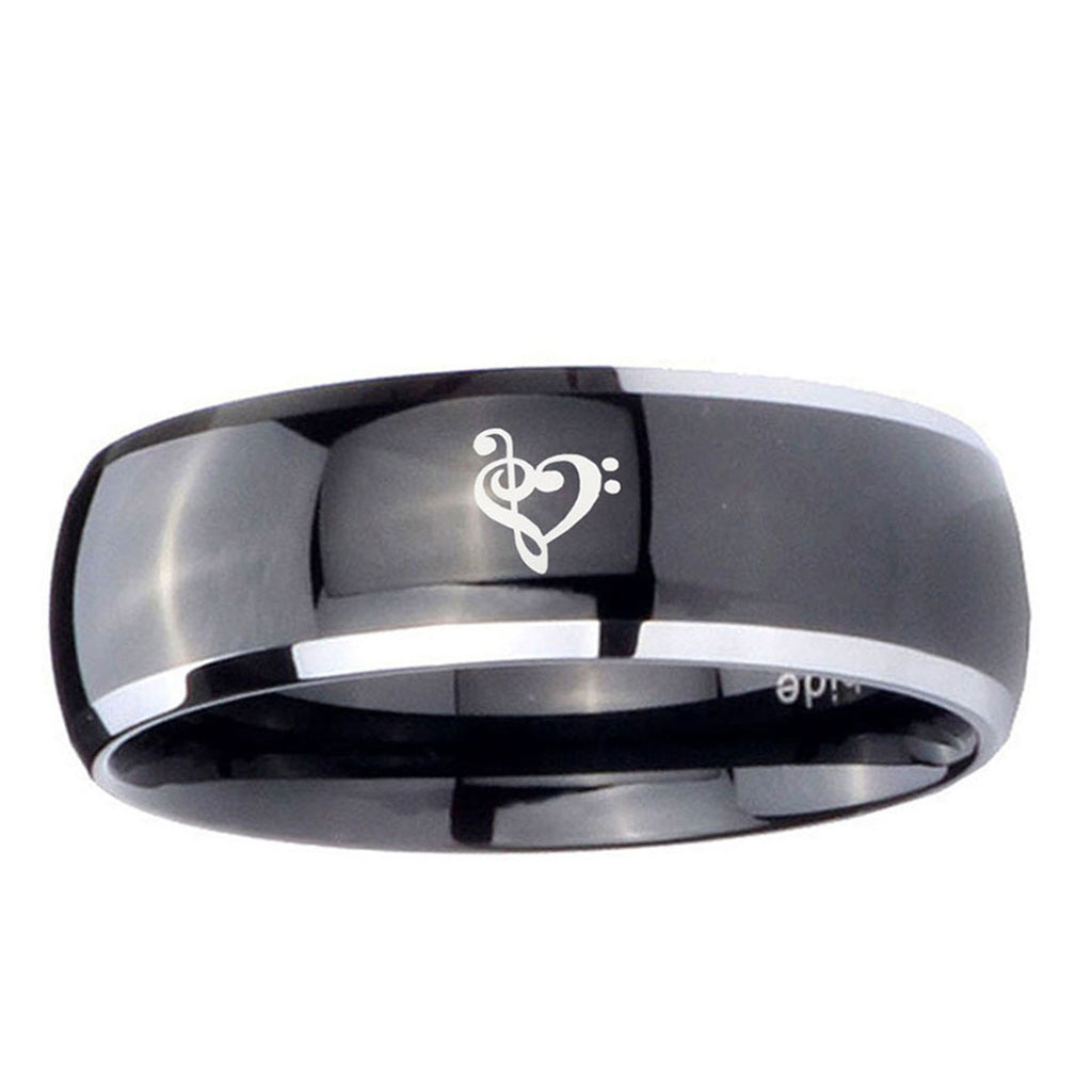 10mm Music & Heart Dome Glossy Black 2 Tone Tungsten Carbide Mens Ring