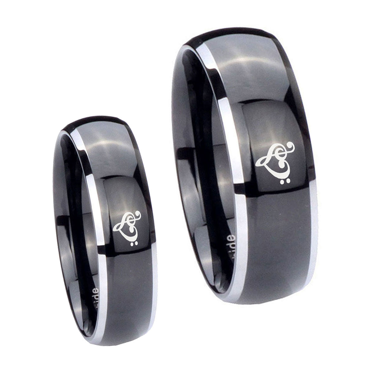 Music & Heart Dome Glossy Black 2 Tone Tungsten Wedding Ring Set
