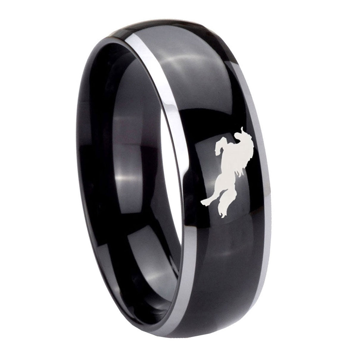 8mm Horse Dome Glossy Black 2 Tone Tungsten Men's Band Ring