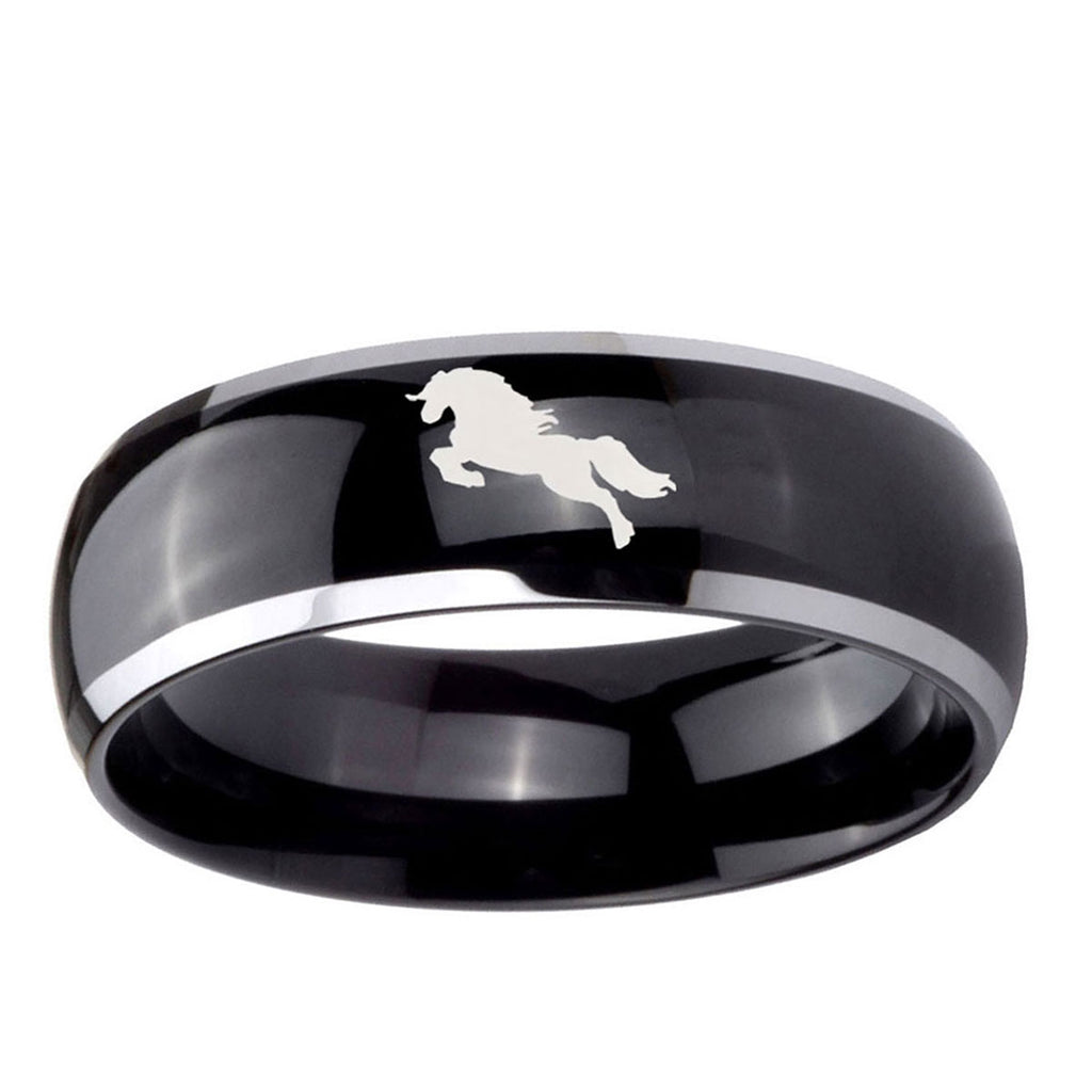 10mm Horse Dome Glossy Black 2 Tone Tungsten Ring