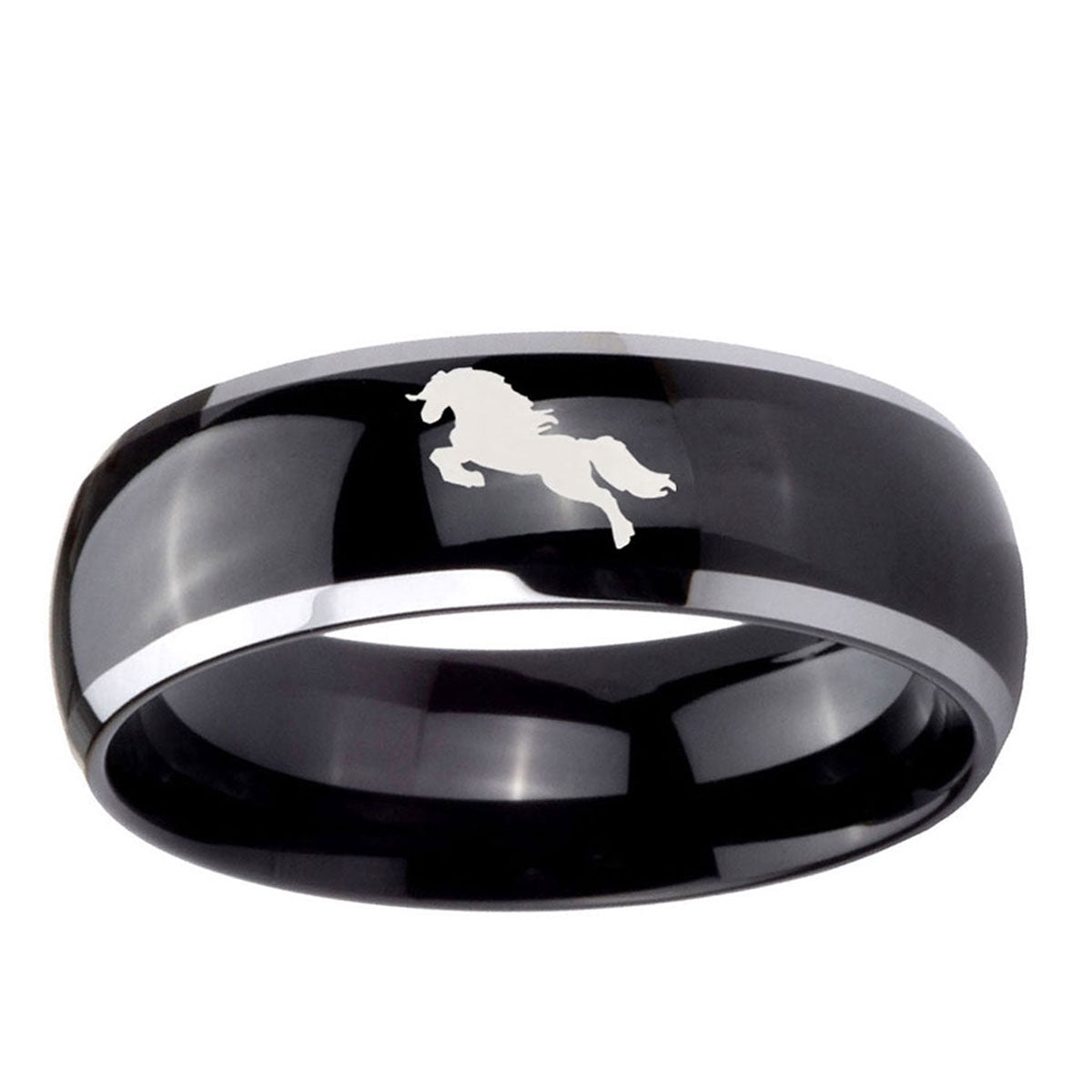 10mm Horse Dome Glossy Black 2 Tone Tungsten Ring