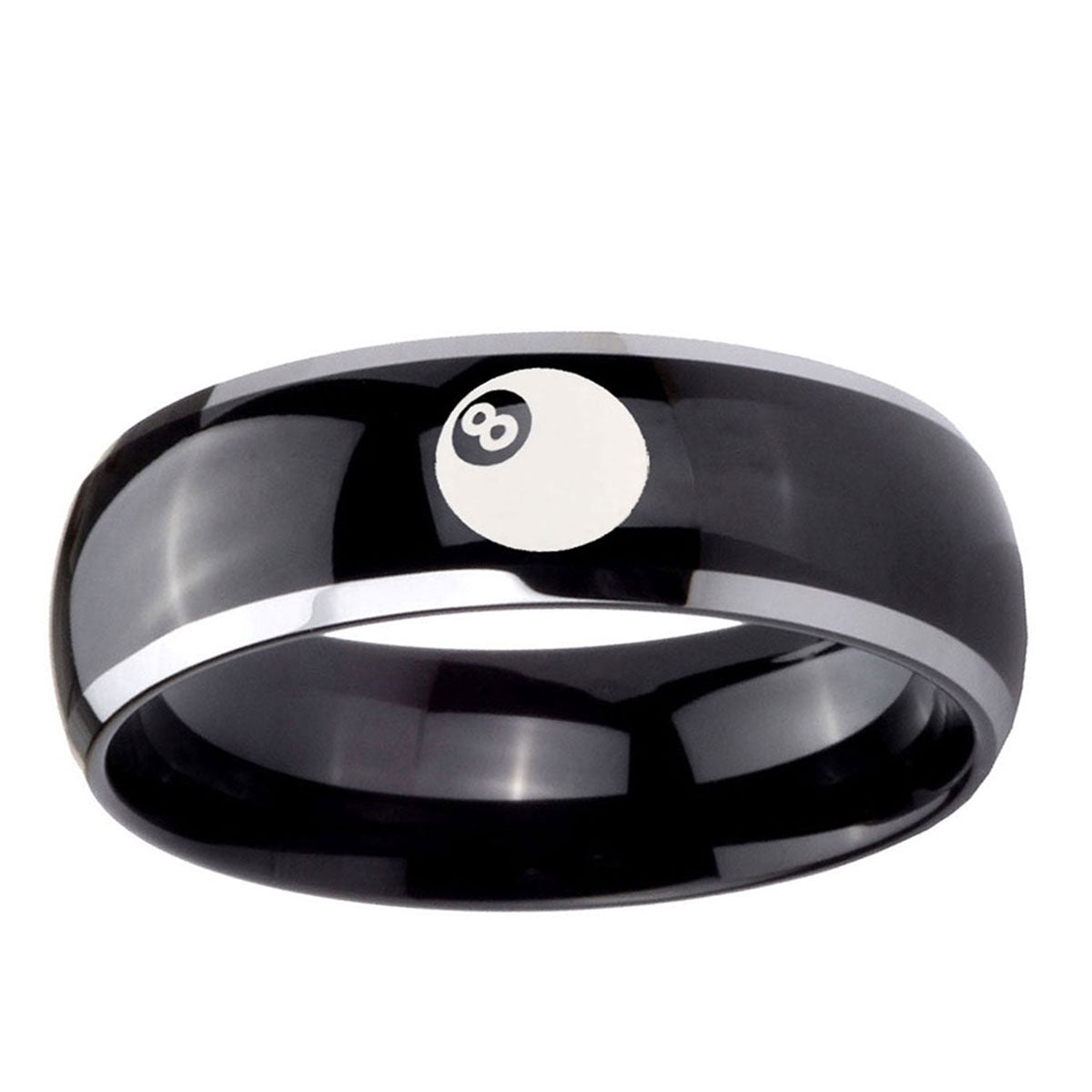 10mm 8 Ball Dome Glossy Black 2 Tone Tungsten Ring