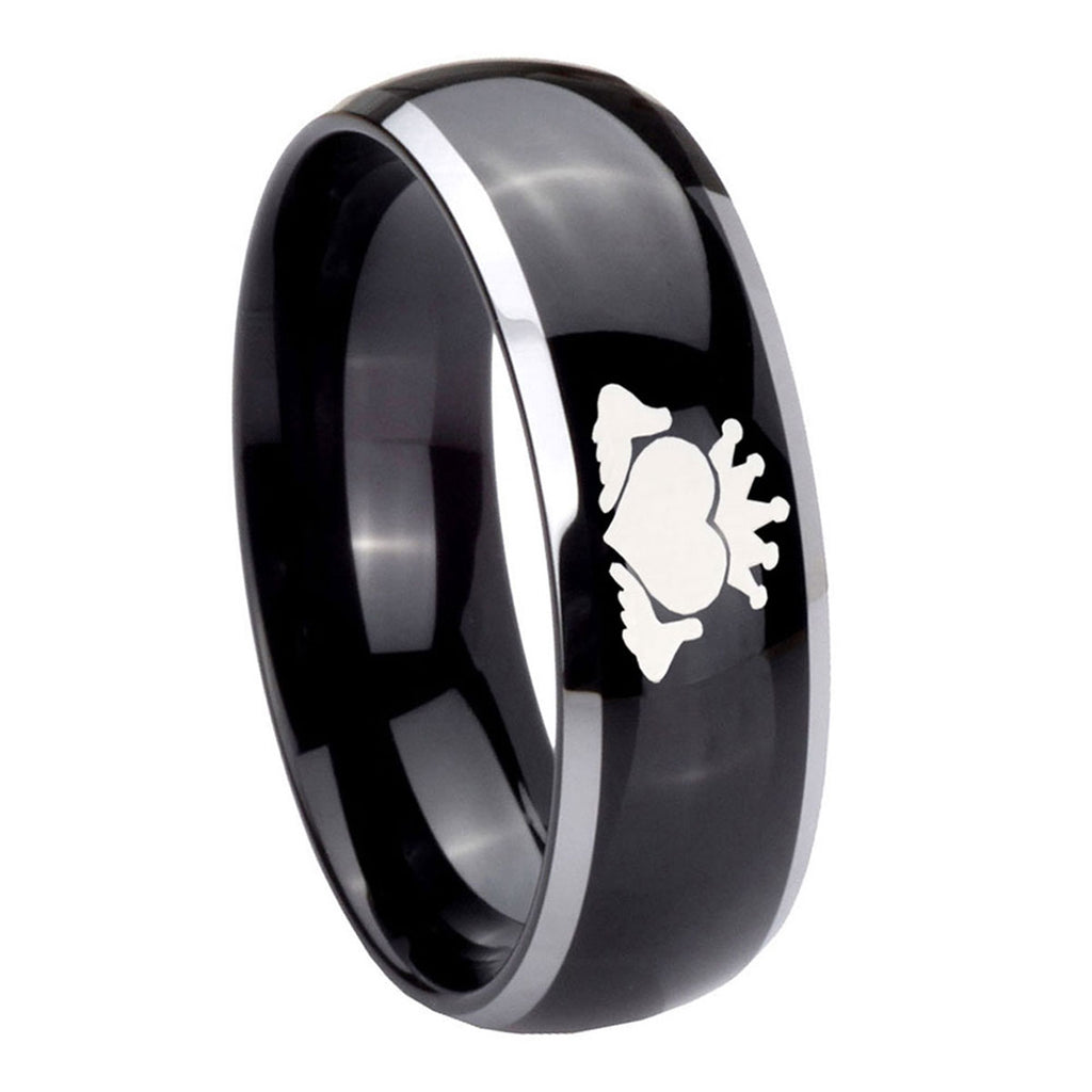 8mm Claddagh Design Dome Glossy Black 2 Tone Tungsten Band