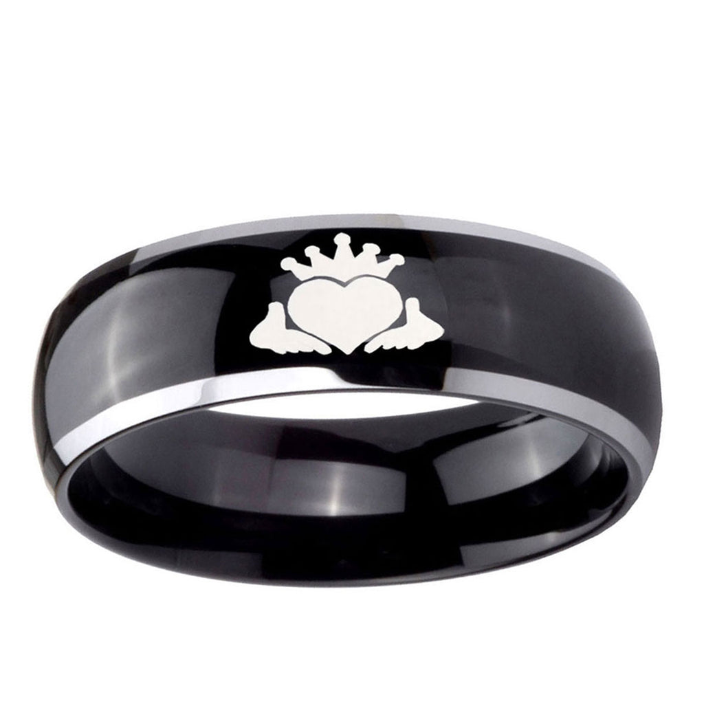 10mm Claddagh Design Dome Glossy Black 2 Tone Tungsten Ring