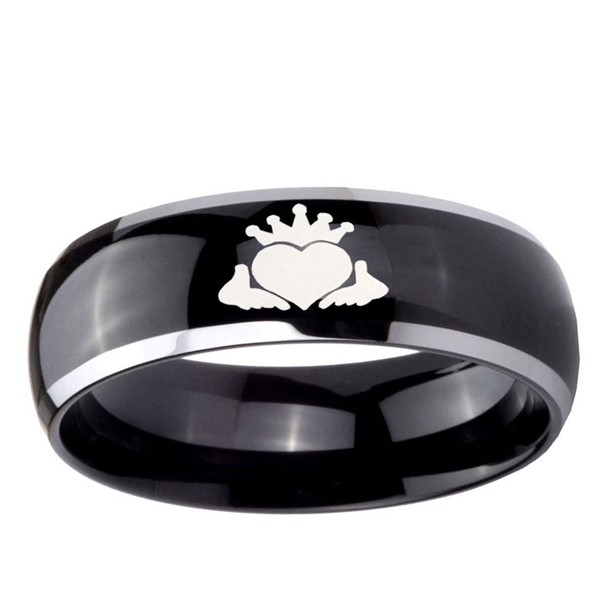 10mm Claddagh Design Dome Glossy Black 2 Tone Tungsten Ring