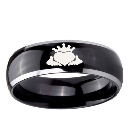 10mm Claddagh Design Dome Glossy Black 2 Tone Tungsten Ring