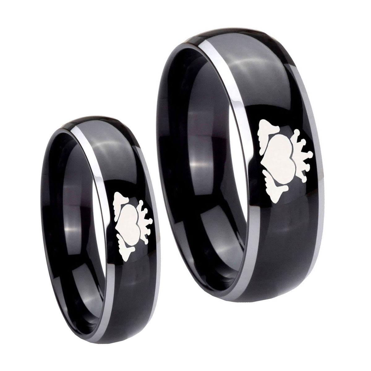 Claddagh Design Dome Glossy Black 2 Tone Tungsten Bridal Ring Sets