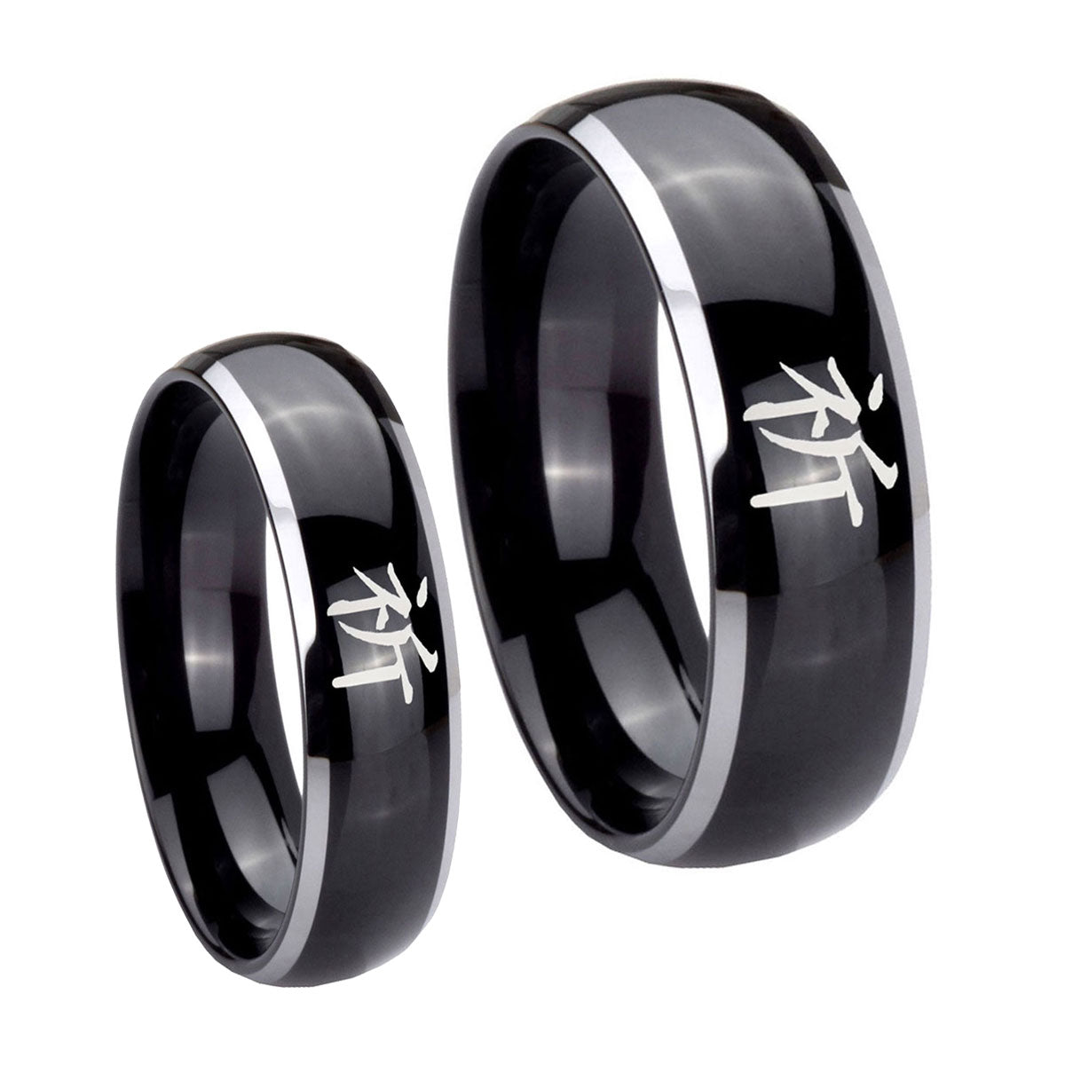 Kanji Prayer Dome Glossy Black 2 Tone Tungsten His and Hers