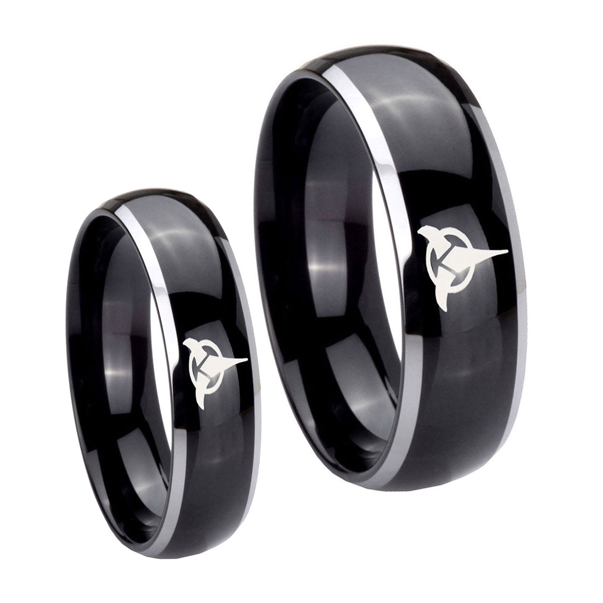 Klingon Dome Glossy Black 2 Tone Tungsten Couple Rings