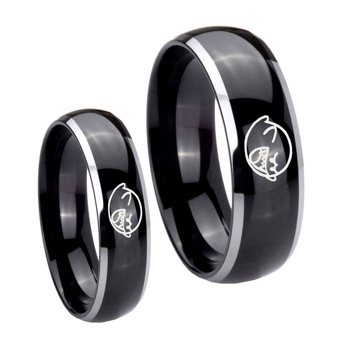 Mario Boo Ghost Dome Glossy Black 2 Tone Tungsten Wedding Ring Sets