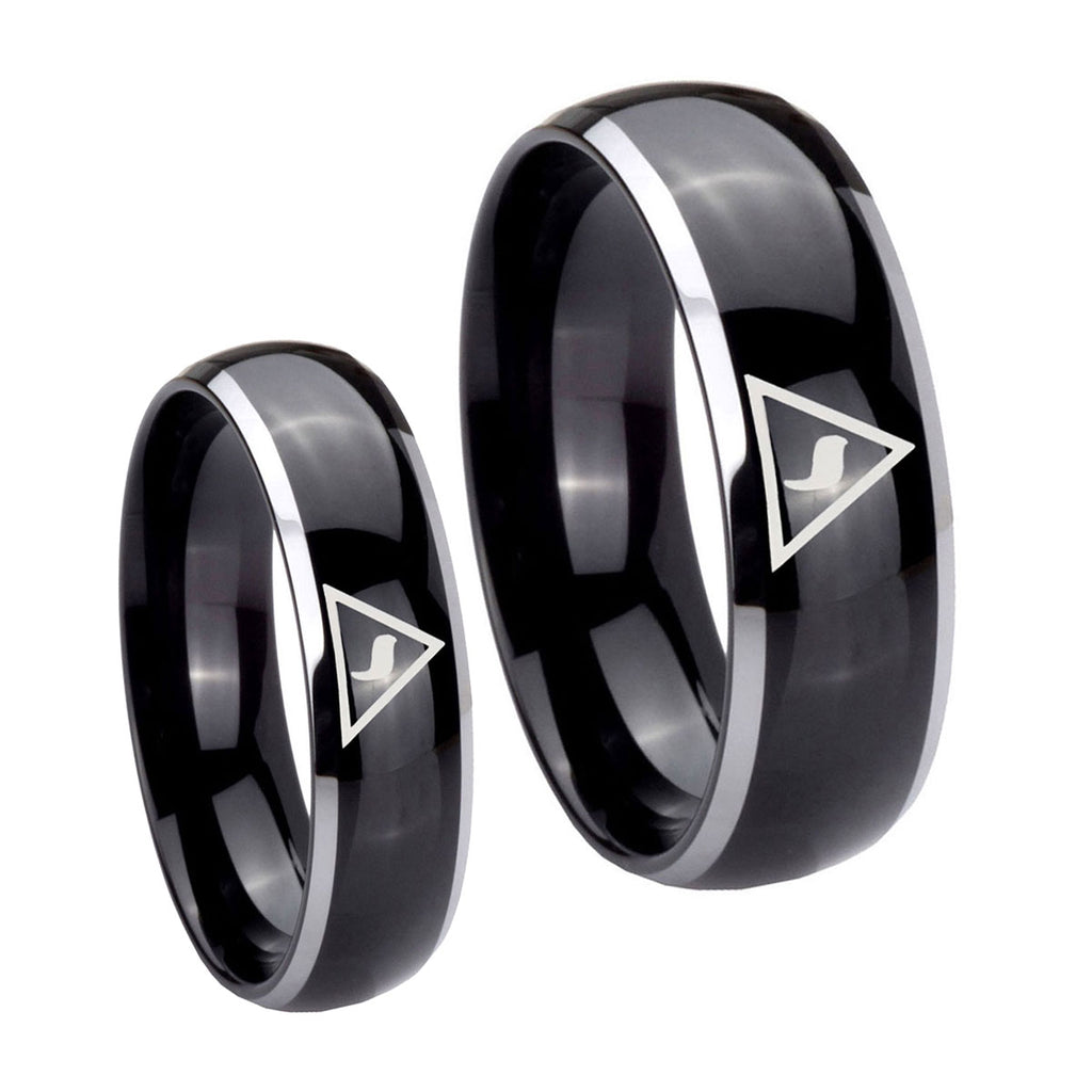 Masonic Yod Dome Glossy Black 2 Tone Tungsten Bridal Set Ring