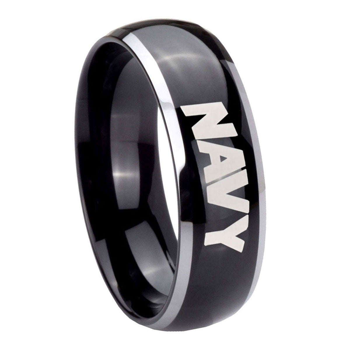 8mm Navy Dome Glossy Black 2 Tone Tungsten Wedding Ring