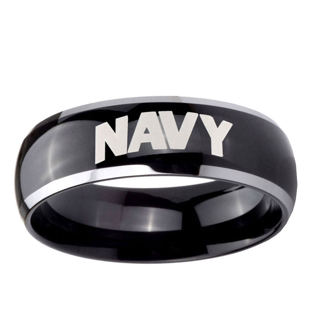 10mm Navy Dome Glossy Black 2 Tone Tungsten Ring