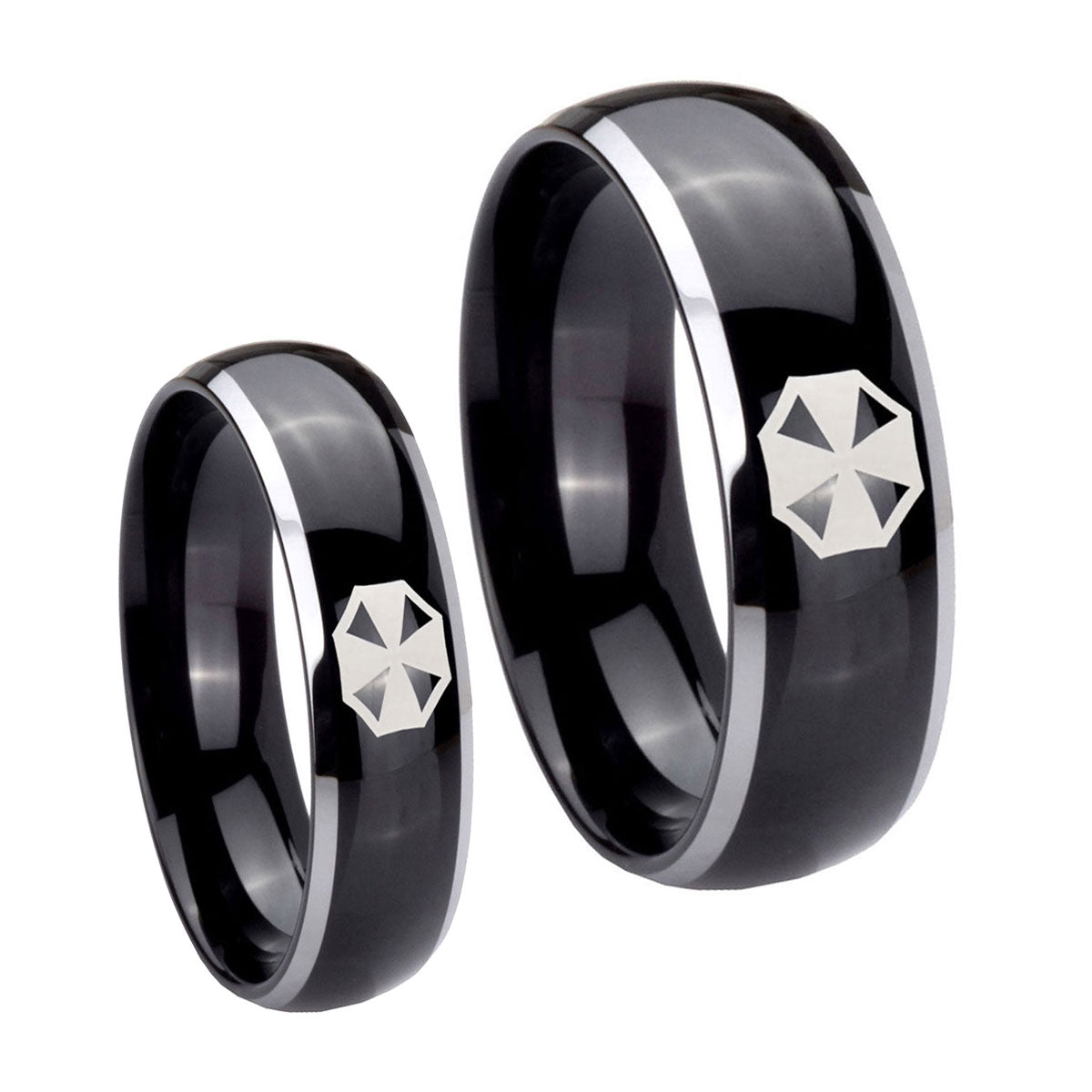 Resident Evil Dome Glossy Black 2 Tone Tungsten His Hers Ring Set