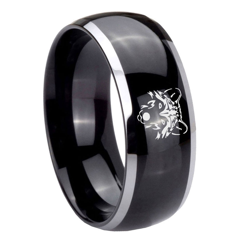 10mm Wolf Dome Glossy Black 2 Tone Tungsten Carbide Engraved Ring