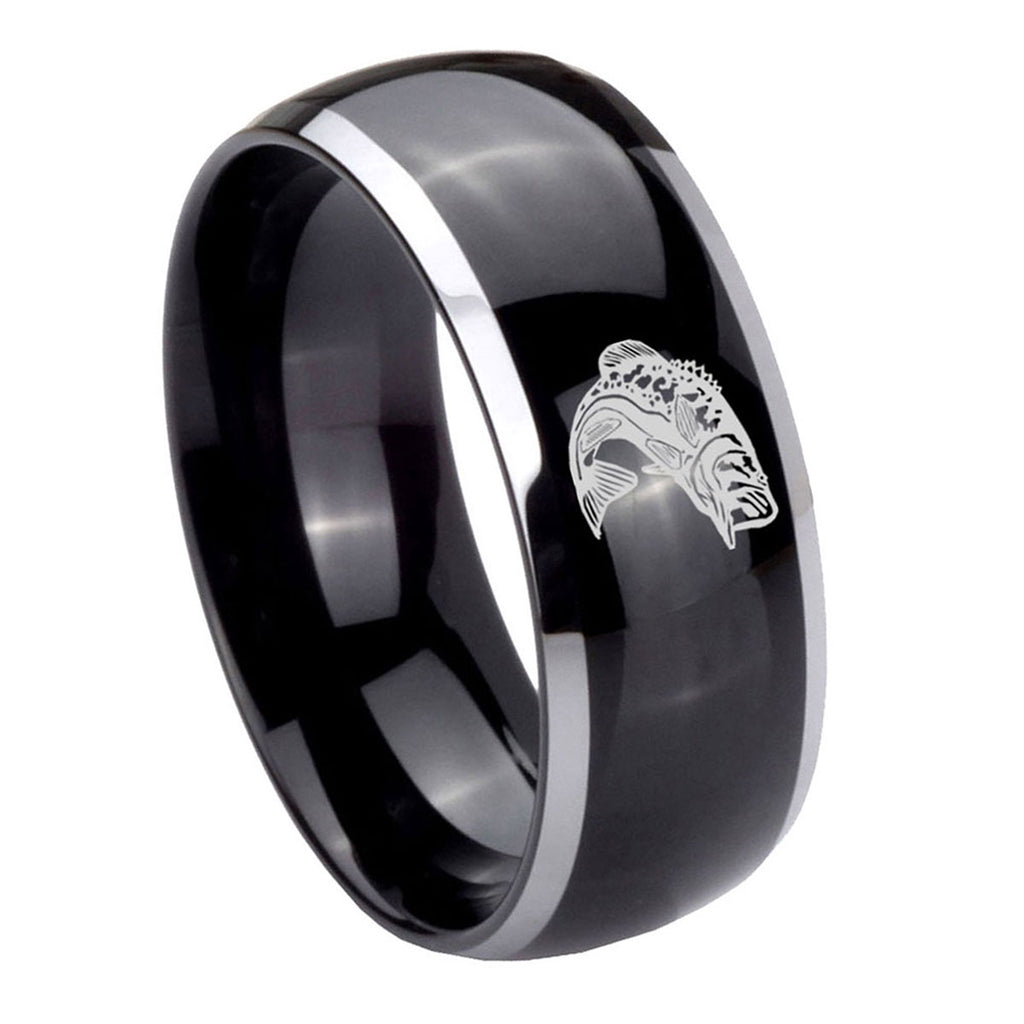 10mm Fishing Dome Glossy Black 2 Tone Tungsten Carbide Engraved Ring