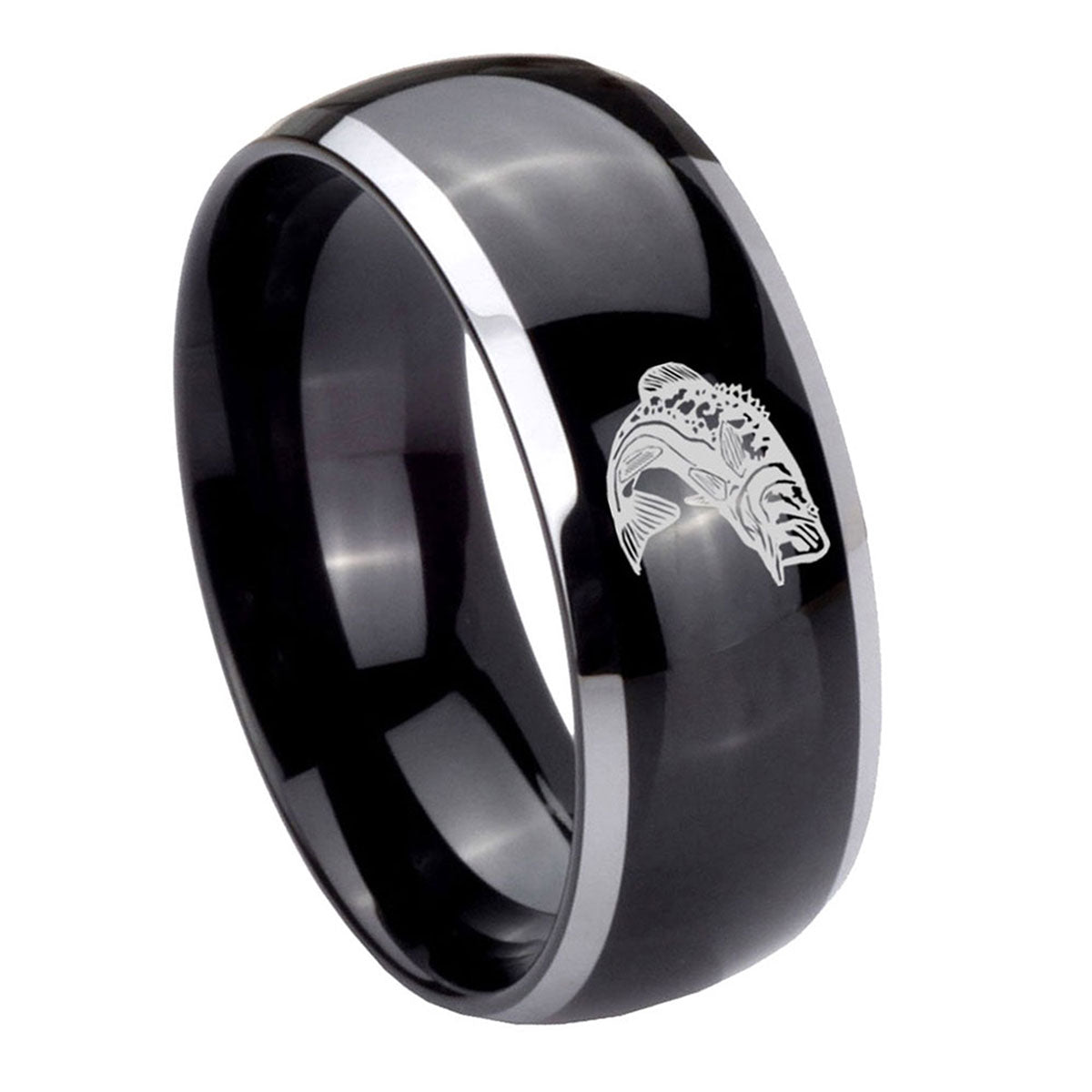 10mm Fishing Dome Glossy Black 2 Tone Tungsten Carbide Engraved Ring