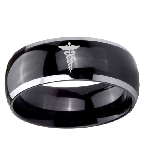 10mm Medical Symbol Dome Glossy Black 2 Tone Tungsten Ring