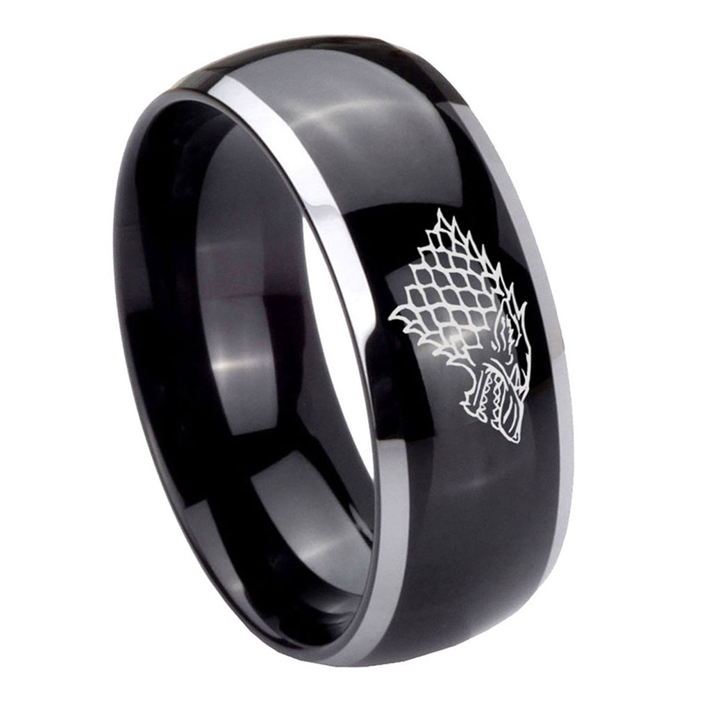 10mm Game Of Thrones House Stark Direwolf Dome Glossy Black 2 Tone Tungsten Carbide Engraved Ring