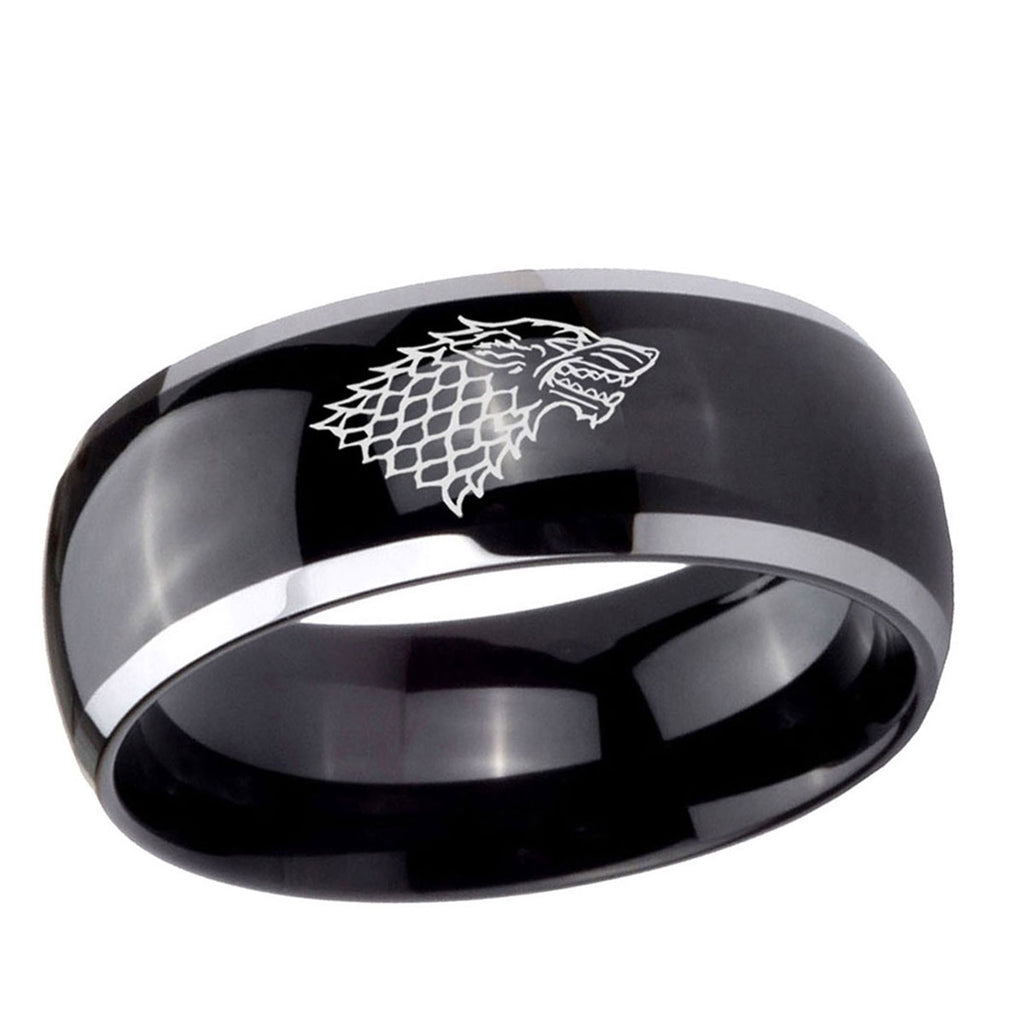 10mm Game Of Thrones House Stark Direwolf Dome Glossy Black 2 Tone Tungsten Ring