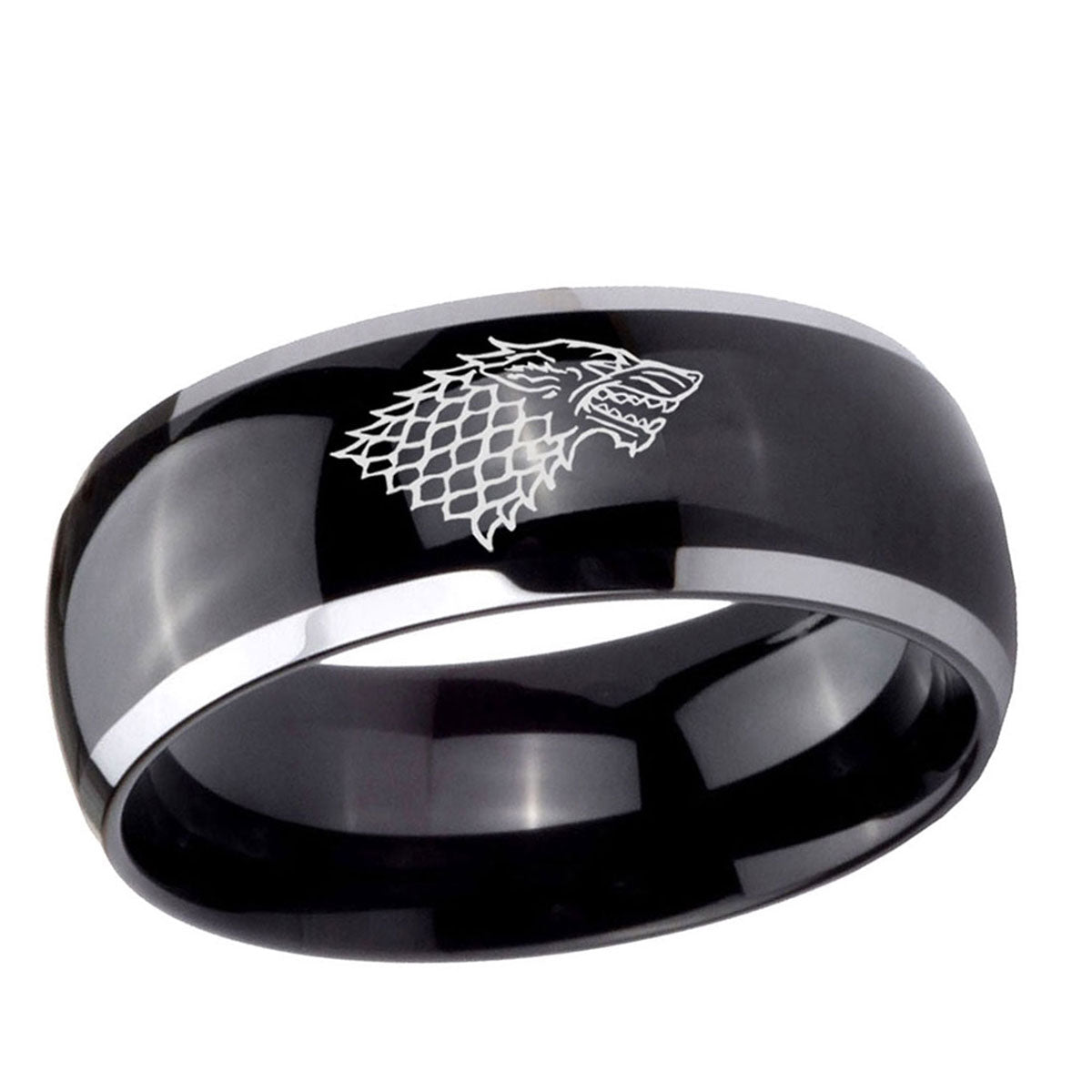 10mm Game Of Thrones House Stark Direwolf Dome Glossy Black 2 Tone Tungsten Ring