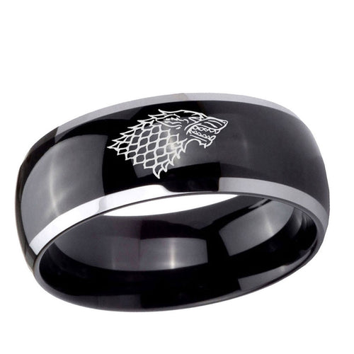 10mm Game Of Thrones House Stark Direwolf Dome Glossy Black 2 Tone Tungsten Ring