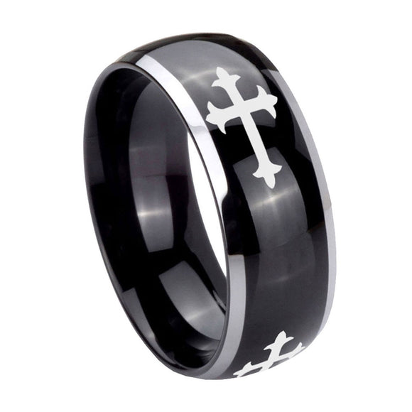 8mm-Christian-Cross-Religious-Dome-Glossy-Black-2-Tone-Tungsten-Mens-Wedding-Ring