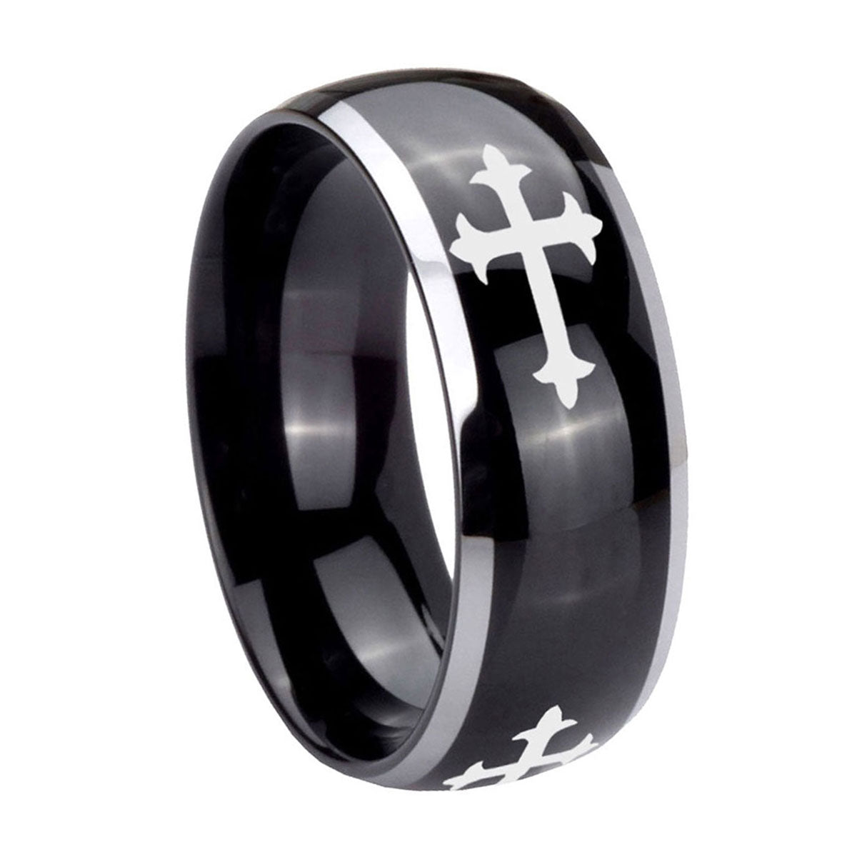 10mm Christian Cross Religious Dome Glossy Black 2 Tone Tungsten Carbide Engraved Ring