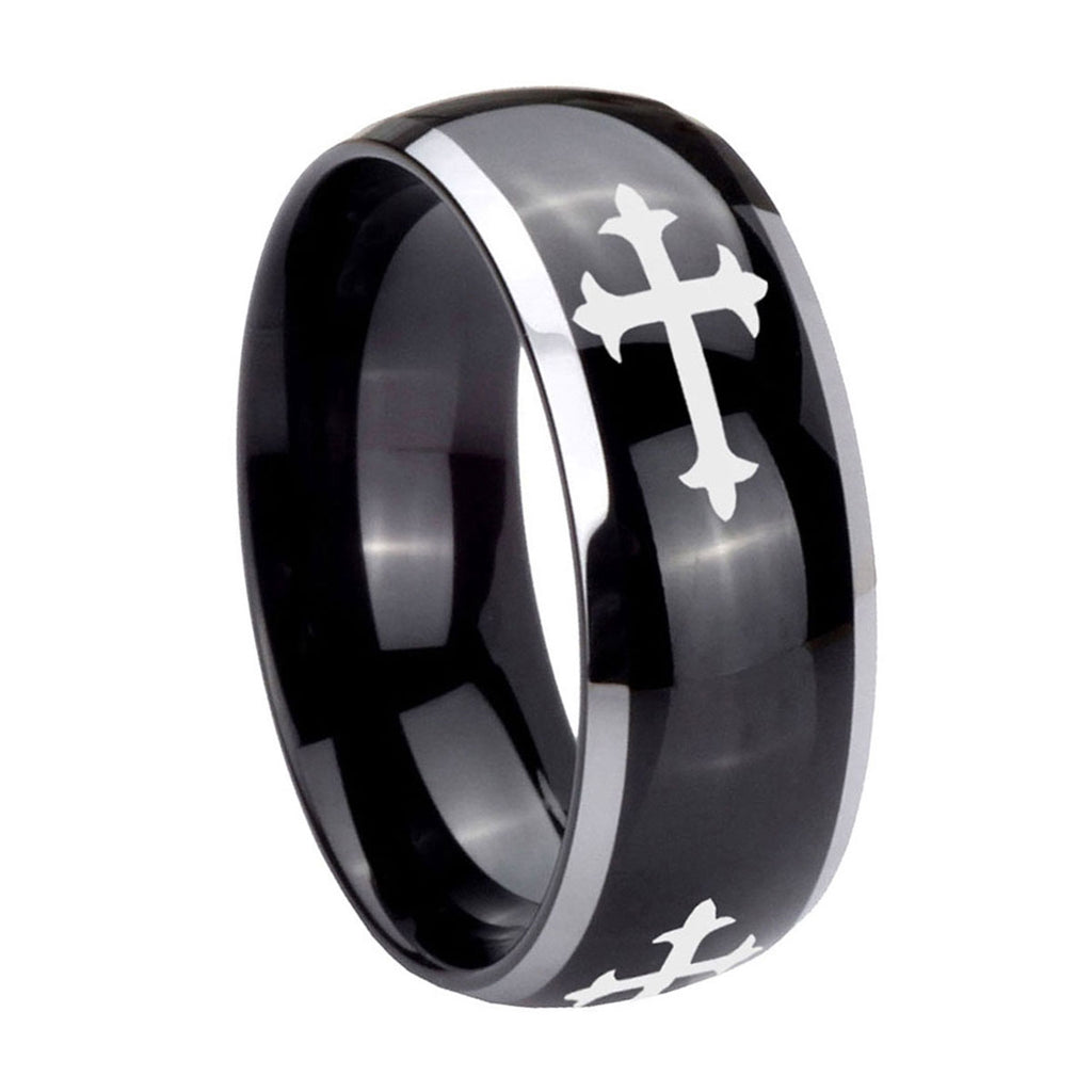8mm Christian Cross Religious Dome Glossy Black 2 Tone Tungsten Ring