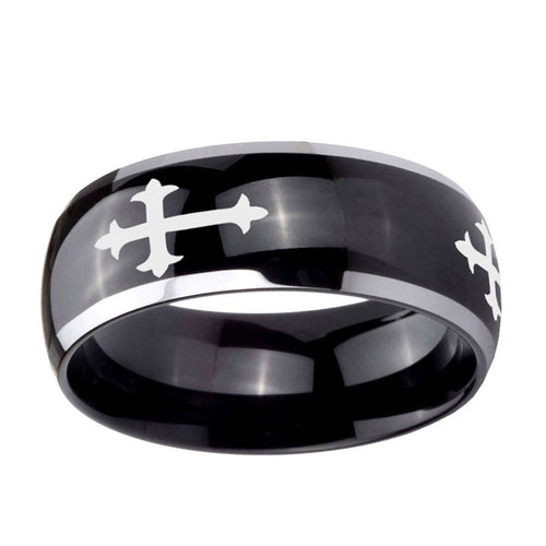 10mm Christian Cross Religious Dome Glossy Black 2 Tone Tungsten Ring