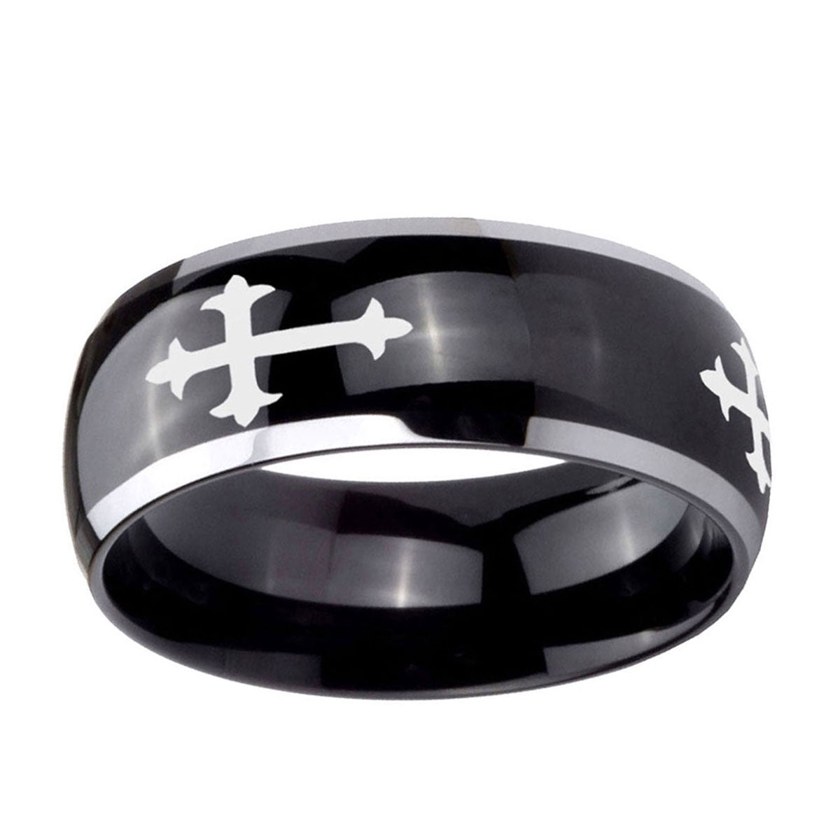 5mm Christian Cross Religious Dome Glossy Black 2 Tone Tungsten Ring