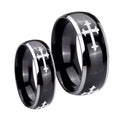 Christian Cross Religious Dome Glossy Black 2 Tone Tungsten Couple Rings