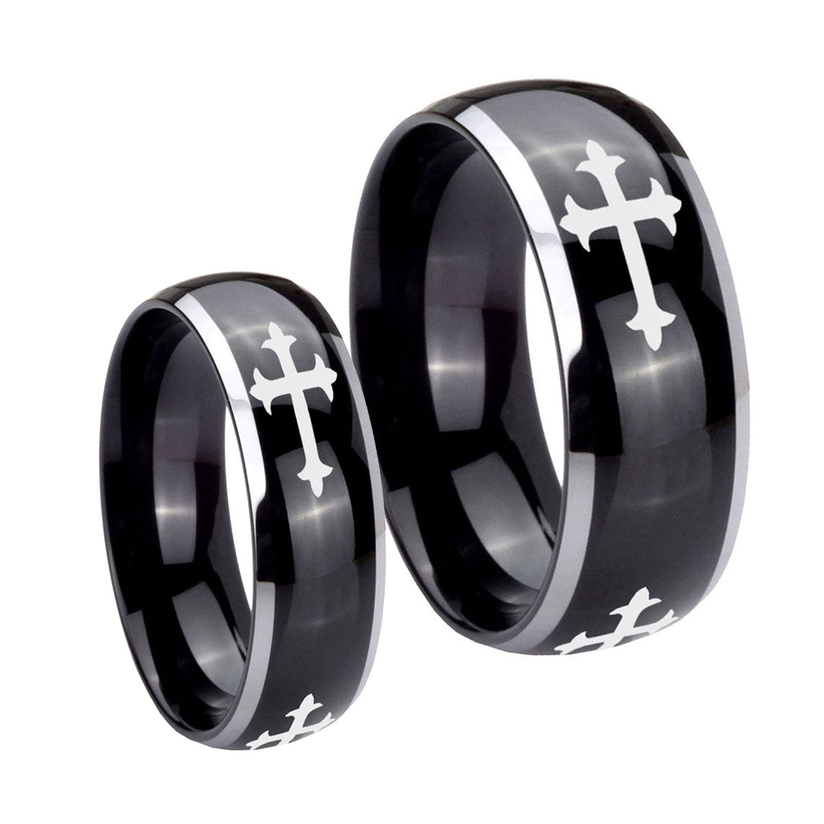 Christian Cross Religious Dome Glossy Black 2 Tone Tungsten Couple Rings