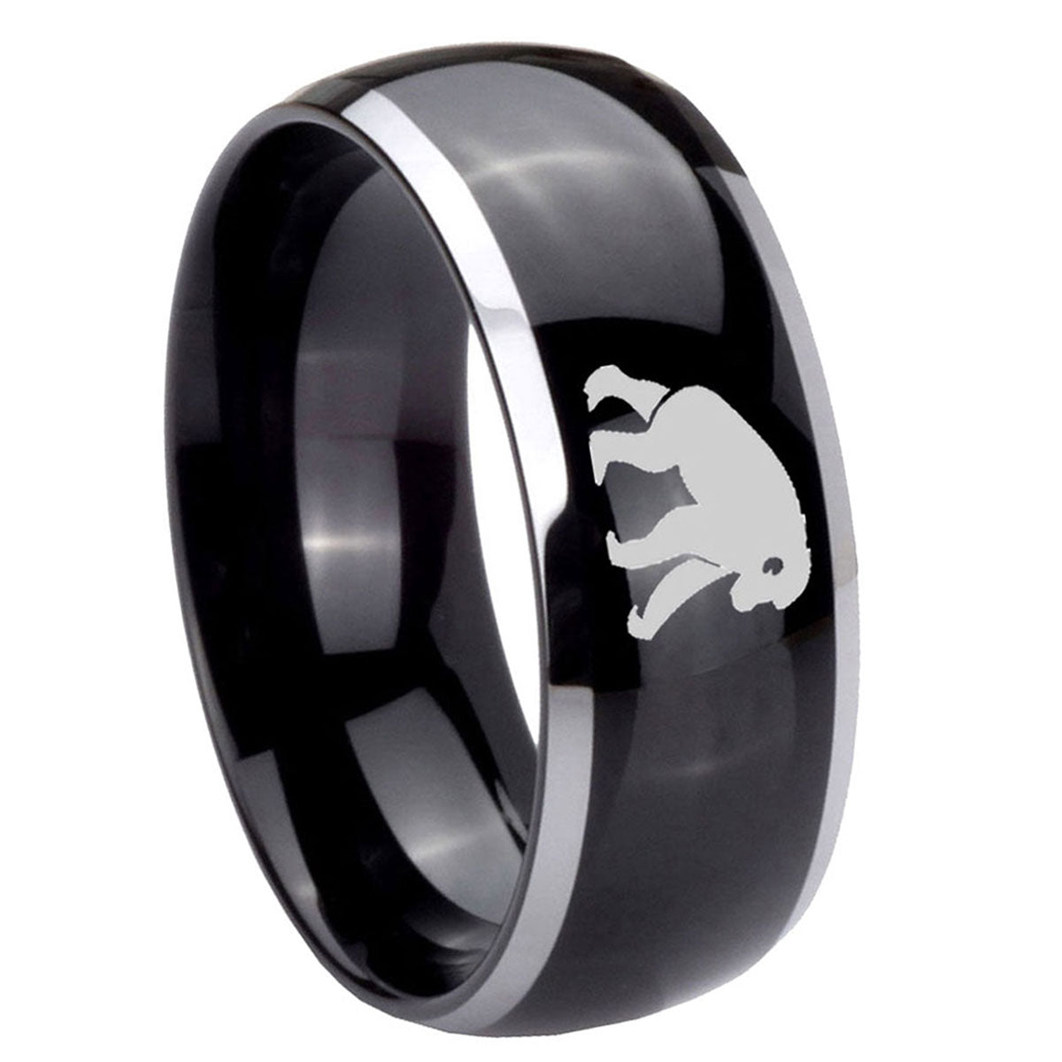 10mm Chimpanzee Dome Glossy Black 2 Tone Tungsten Carbide Engraved Ring