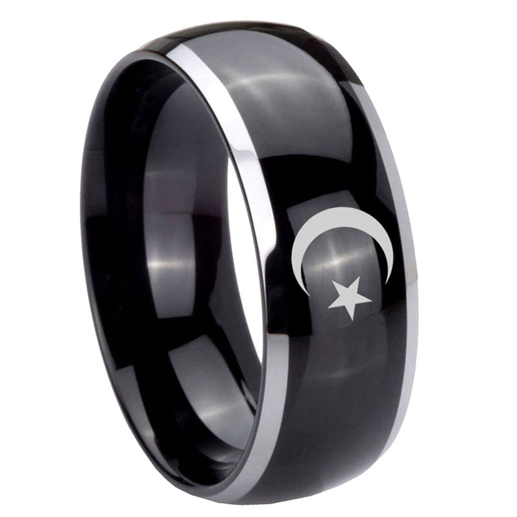 10mm Crescent Moon Stars Dome Glossy Black 2 Tone Tungsten Carbide Engraved Ring